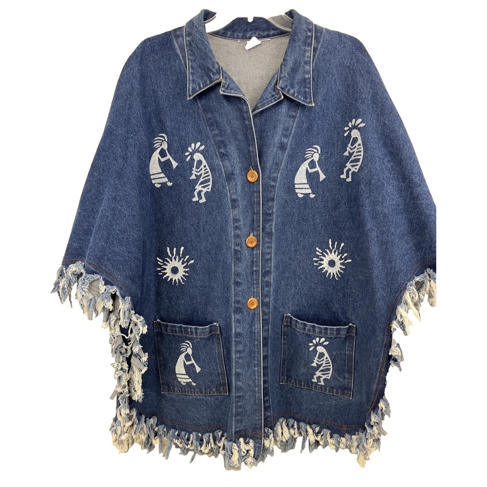 RAMA of USA Denim Jean Jacket VTG Size M Kokopelli Fringe Oversized Y2K Pockets